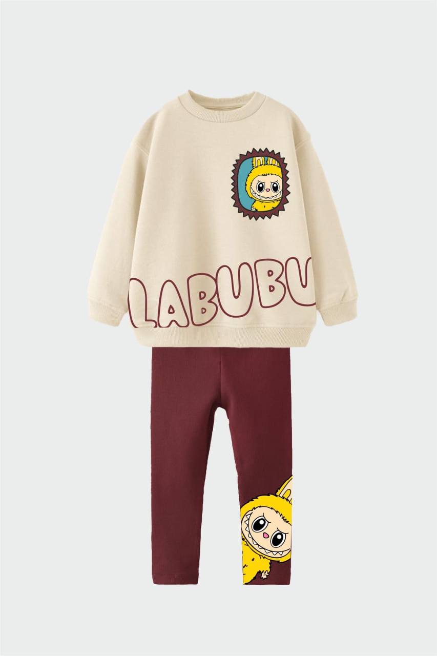 Labubu Desen %100 Pamuk Krem-Bordo Kız Çocuk Alt Üst Takım