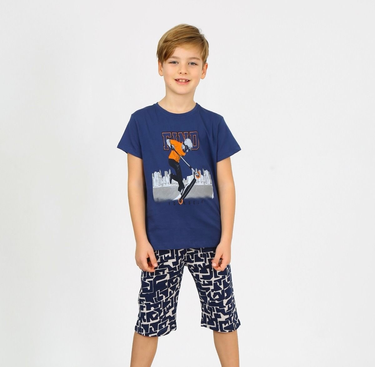 MinyKids Scooter Desen Lacivert Kapri %100 Pamuklu Erkek Çocuk Pijama Takım