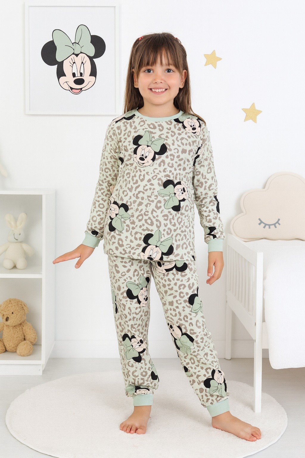 MinyKids Minnie Mouse Desen %100 Pamuklu Yeşil Kız Çocuk Pijama Takım