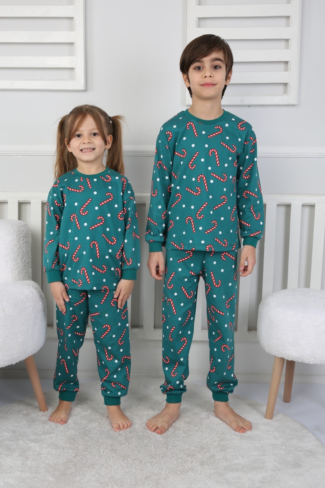 MinyKids Yılbaşı Desen Yeşil Unisex Pijama Takım