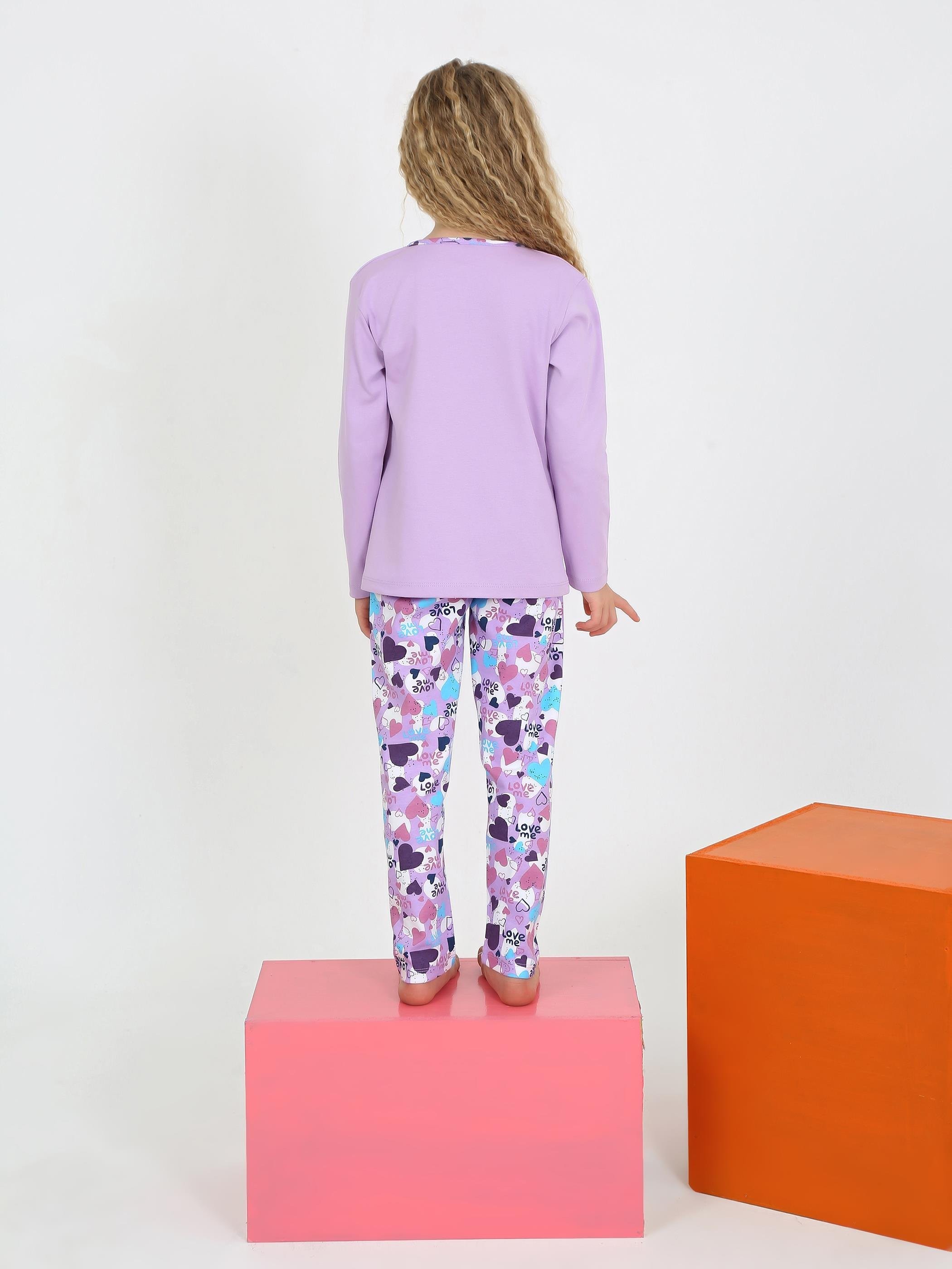 MinyKids Love Lila Düğme Detaylı Kız Çocuk Pijama Takım