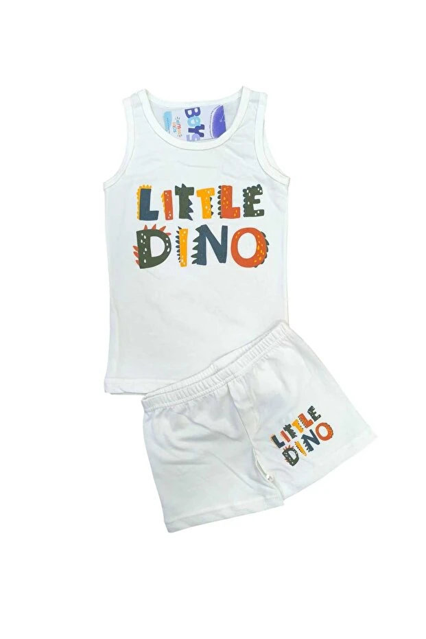 Dinozor Desen Beyaz Erkek Çocuk 2 li Atlet ve 2 li Boxer Takım