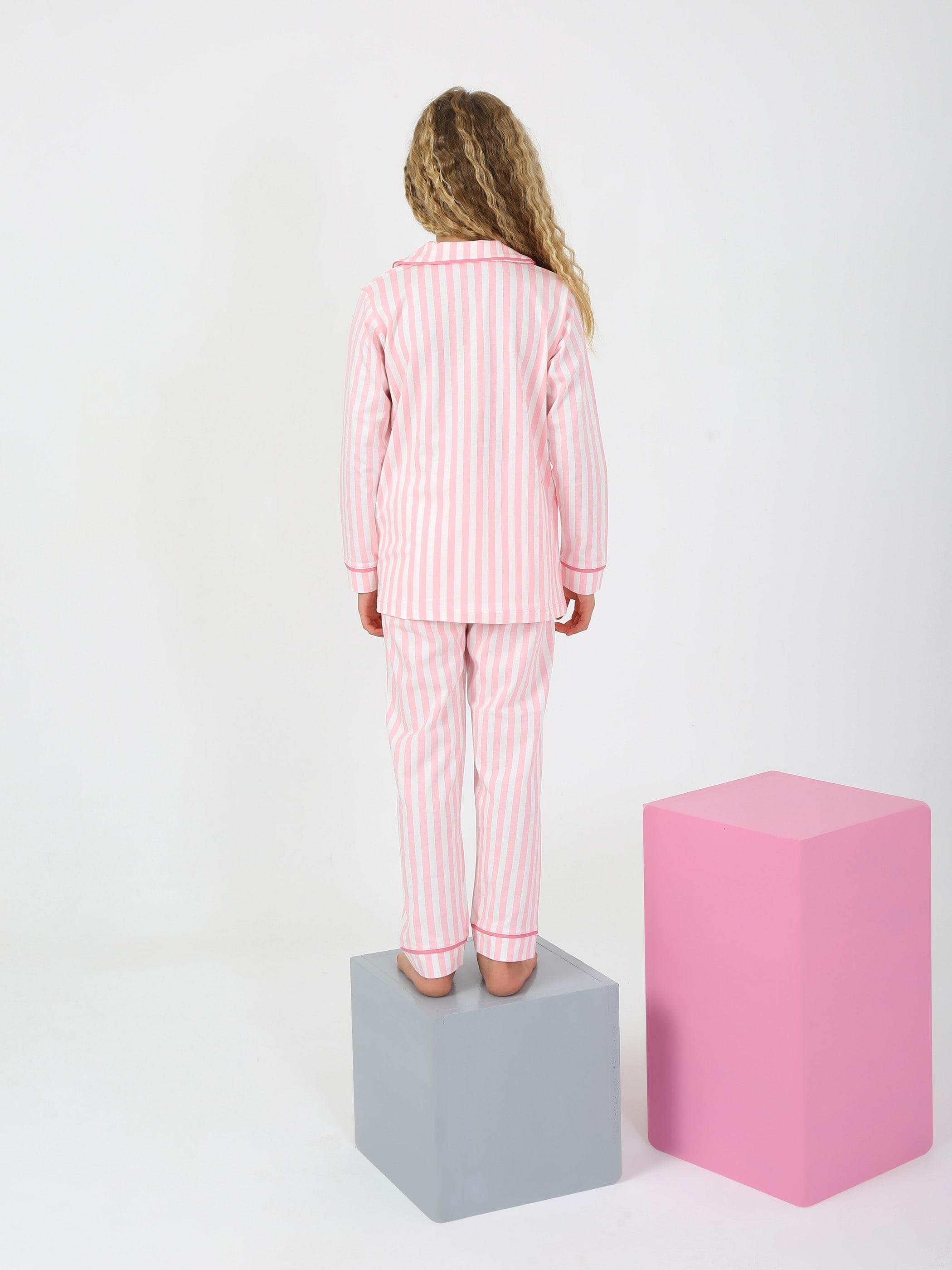 MinyKids Pembe Beyaz Çizgili Düğmeli Kız Çocuk Pijama Takım