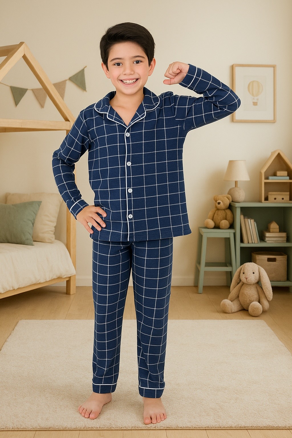 MinyKids Kareli Lacivert %100 Pamuklu Önden Düğmeli Erkek Çocuk Pijama Takım