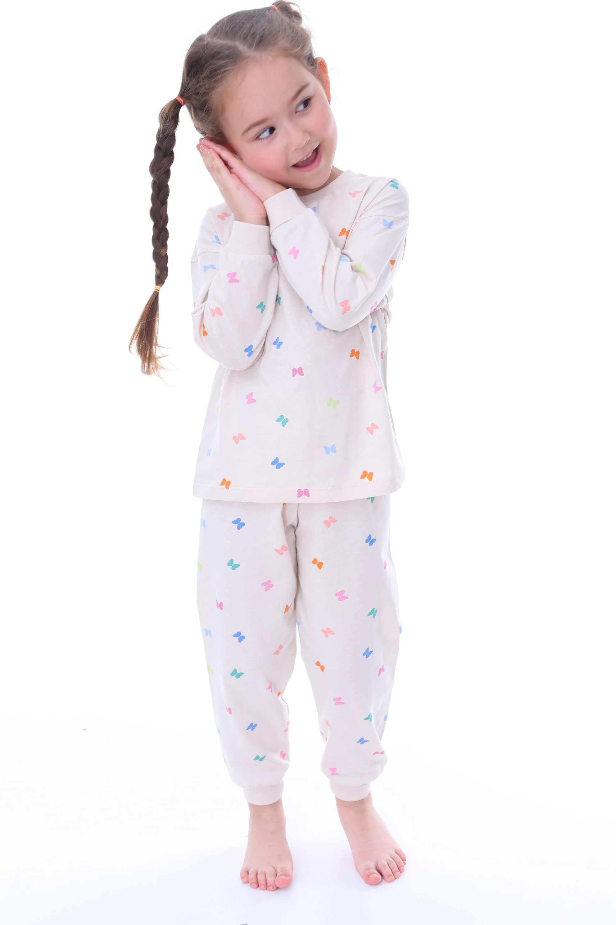 MinyKids Kelebek Desenli Krem Çocuk Pijama Takımı