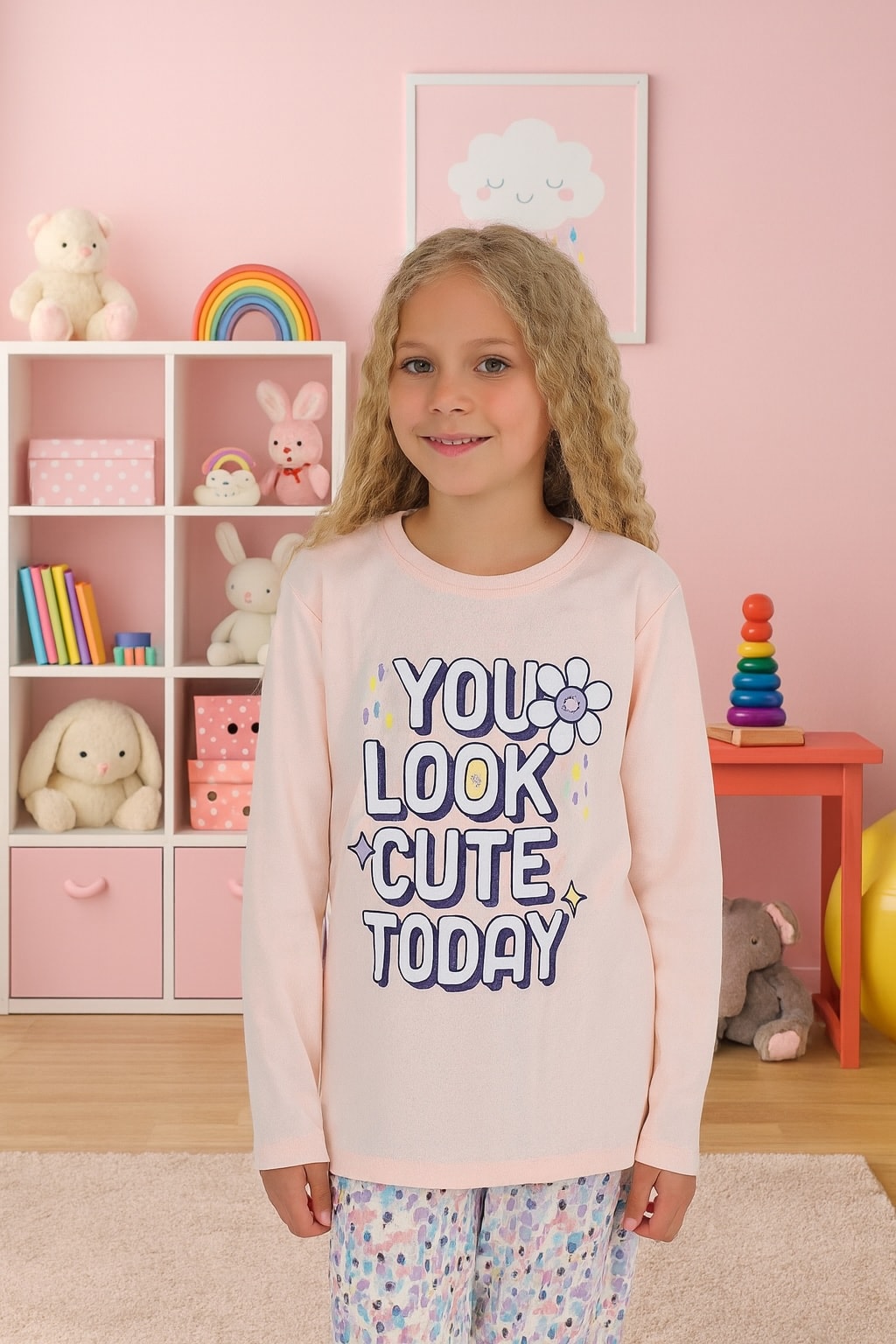 Çiçek Desen %100 Pamuk Somon Kız Çocuk Pijama Takım