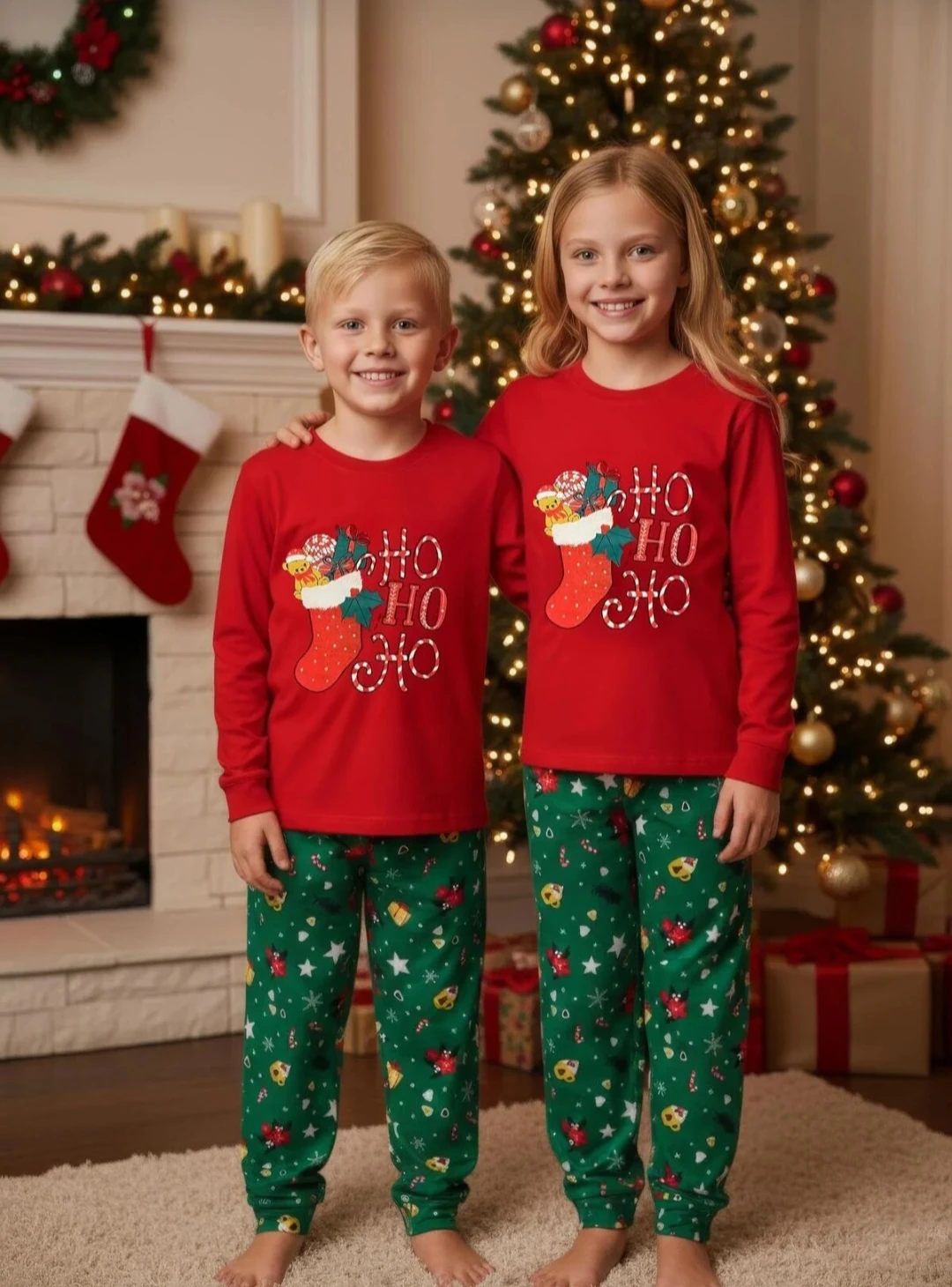 Yılbaşı Desen Kırmızı-Yeşil Unisex Çocuk Pijama Takım