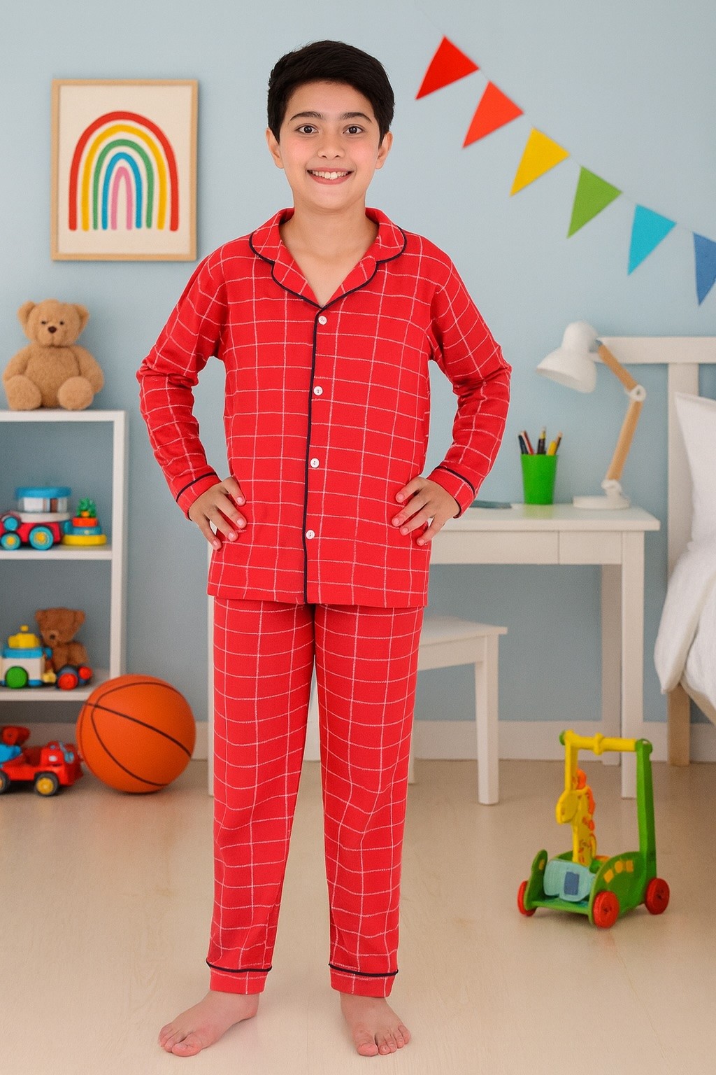 MinyKids Kareli Kırmızı %100 Pamuklu Önden Düğmeli Erkek Çocuk Pijama Takım