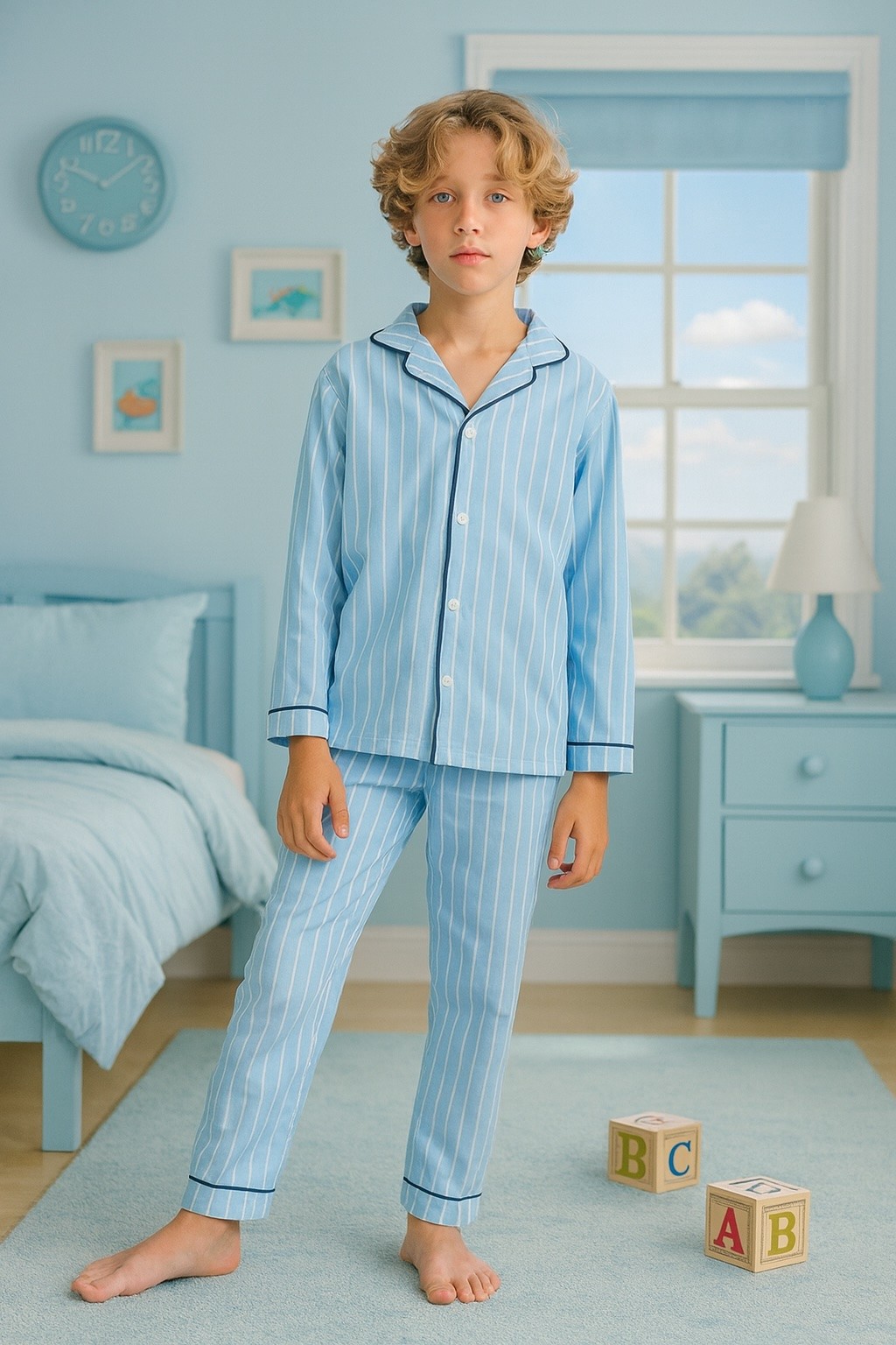 MinyKids Çizgili Mavi %100 Pamuklu Önden Düğmeli Erkek Çocuk Pijama Takım