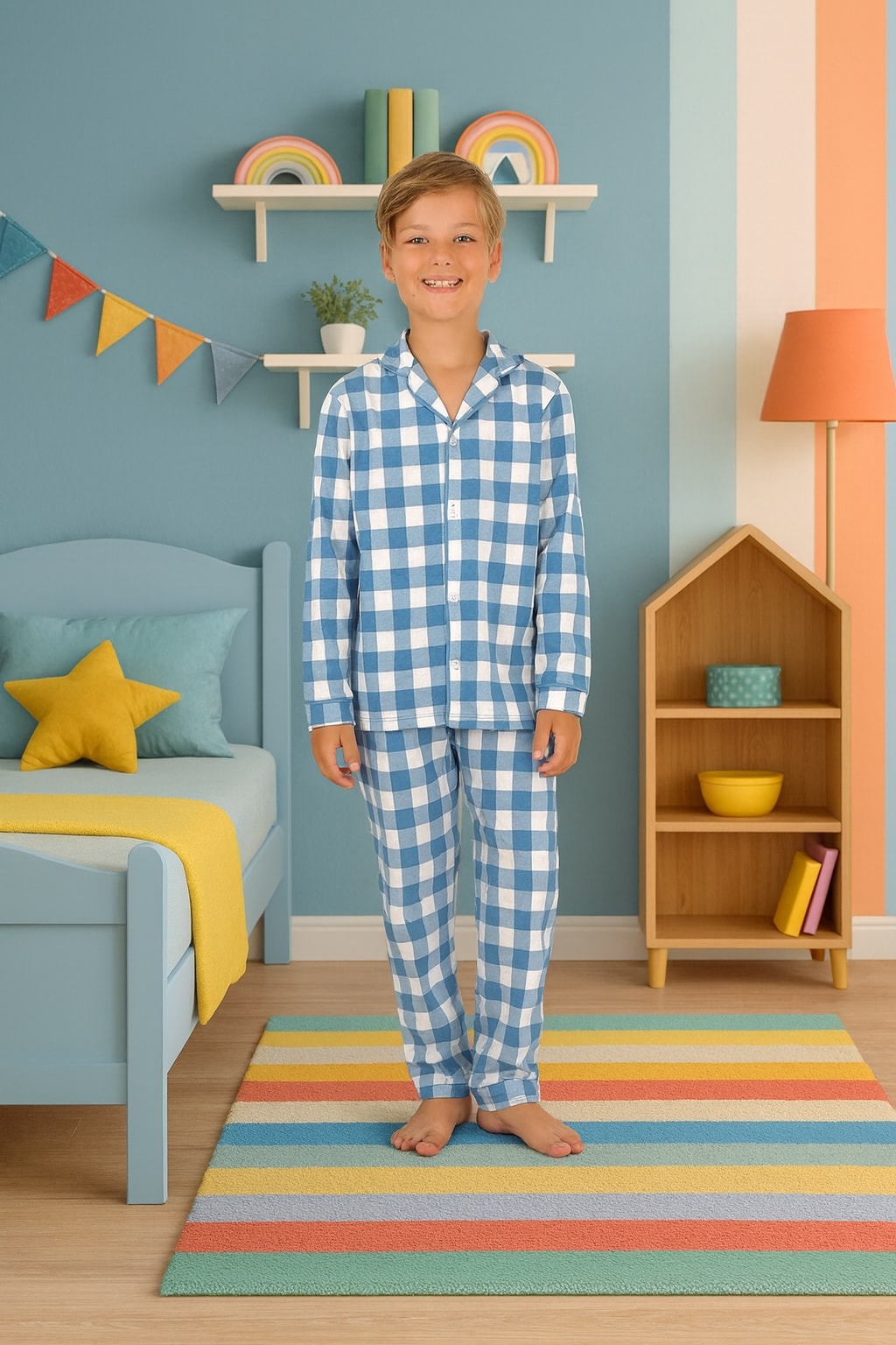 Kareli %100 Pamuklu Düğmeli Erkek Çocuk Pijama Takım
