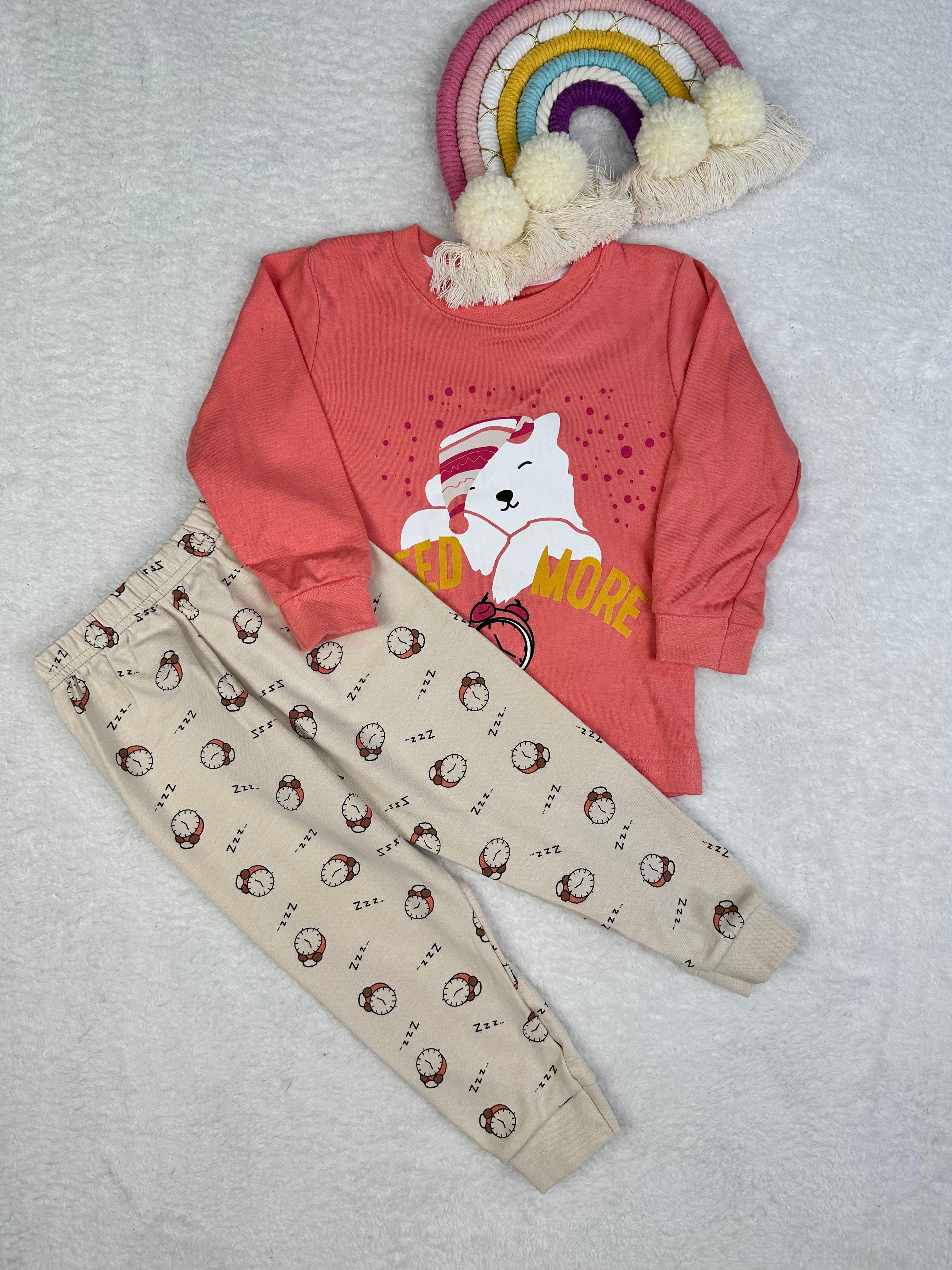 MinyKids Sevimli Ayı Desen Kiremit Renk Kız Çocuk Pijama Takım