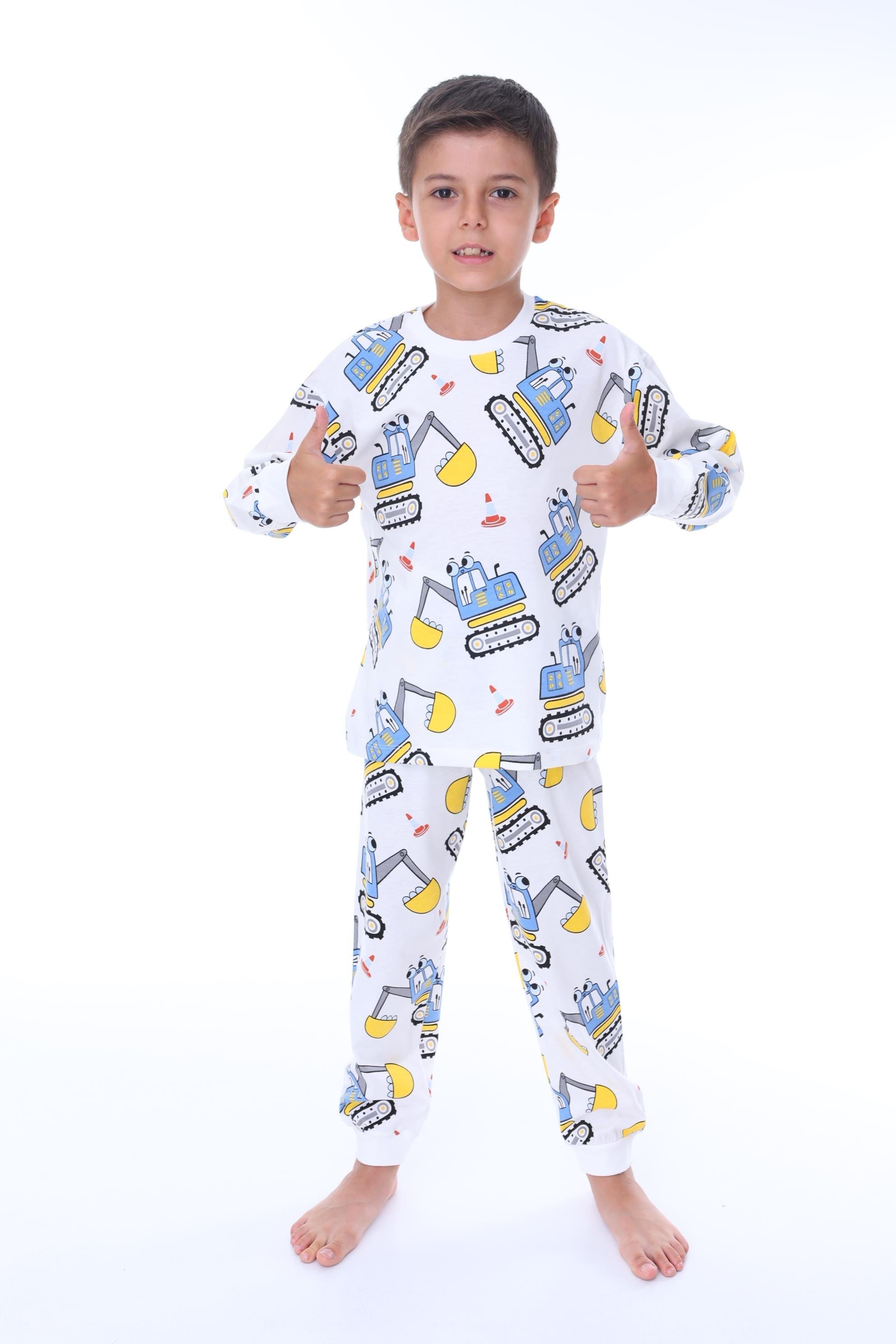 MinyKids İş Makinası Desenli Beyaz Çocuk Pijama Takımı