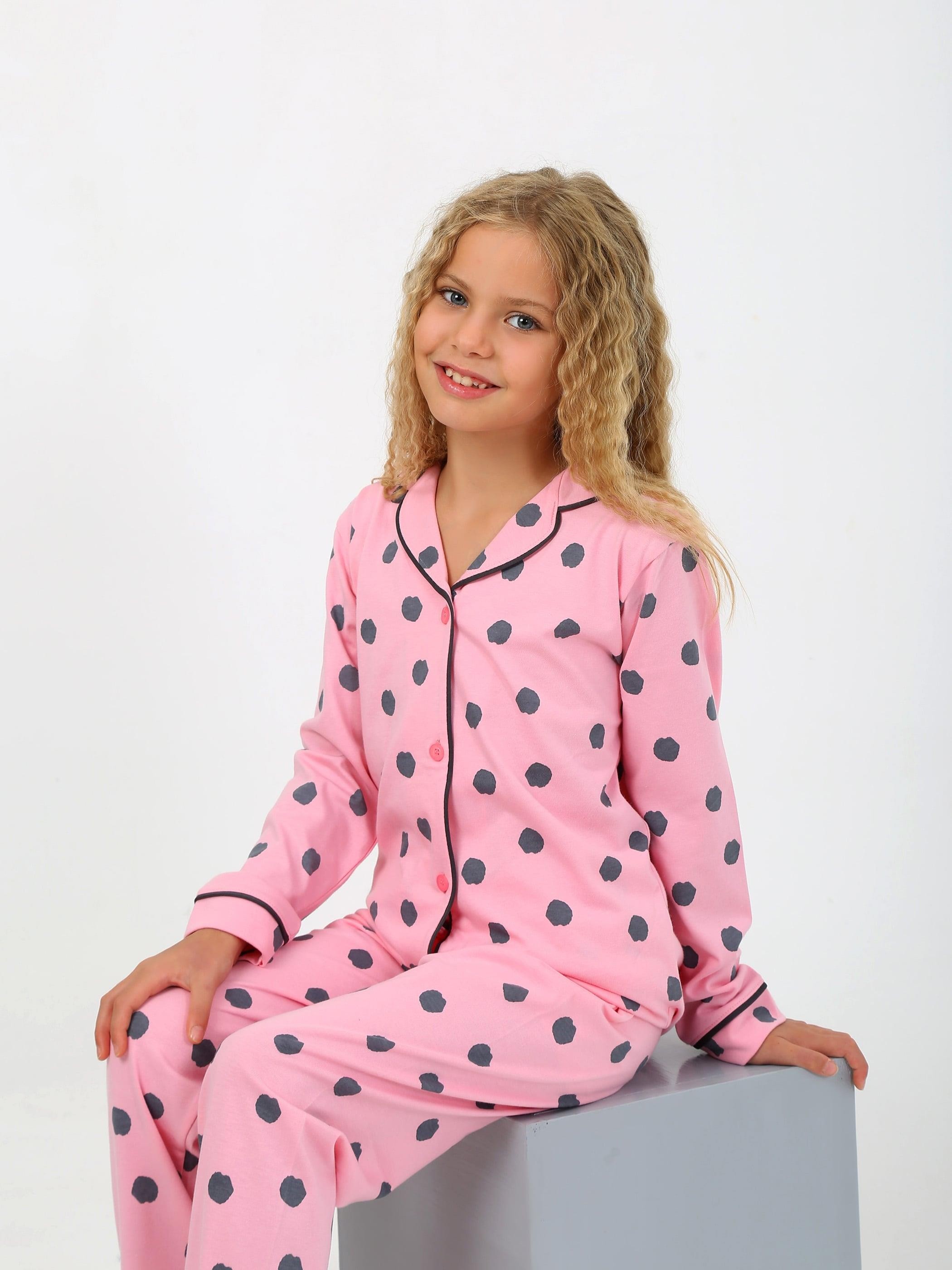 MinyKids Puantiye Desen Pembe Düğmeli Kız Çocuk Pijama Takım