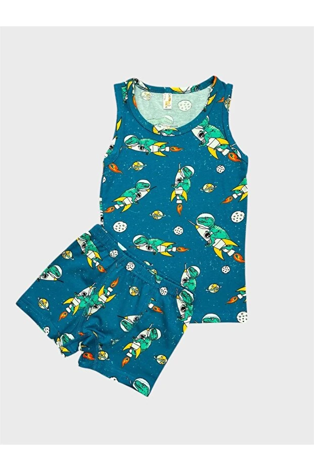 Petrol Yeşili Dinozor Desenli Atlet Boxer Takımı