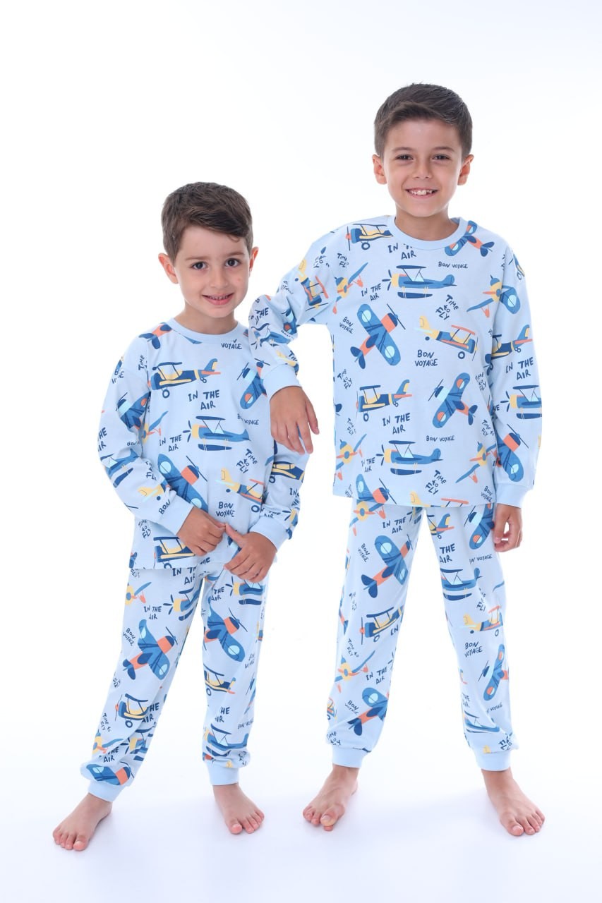 MinyKids Uçak Desen Mavi Erkek Çocuk Pijama Takım