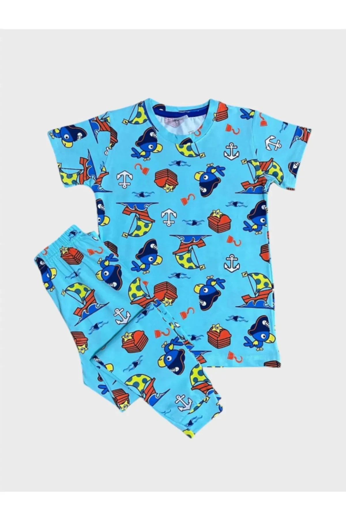 MinyKids Yelken Desen Turkuaz Kısa Kollu %100 Pamuklu Erkek Çocuk Pijama Takım