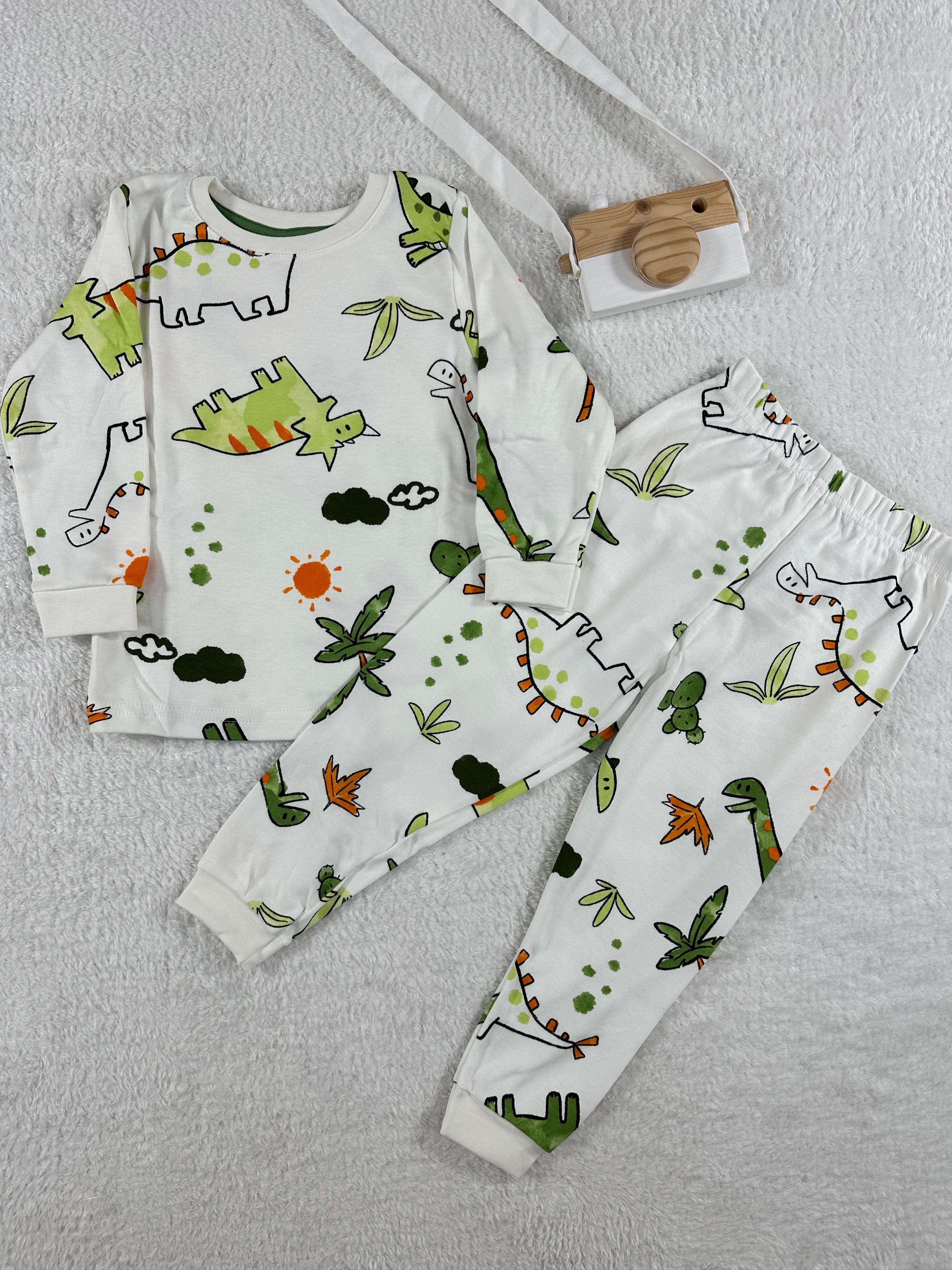 MinyKids Dinozor Desen Beyaz Erkek Çocuk Pijama Takım