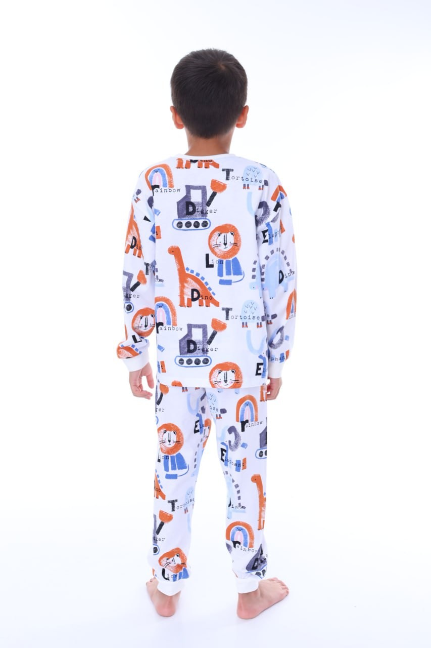 MinyKids Dinozor Desen Beyaz Erkek Çocuk Pijama Takım