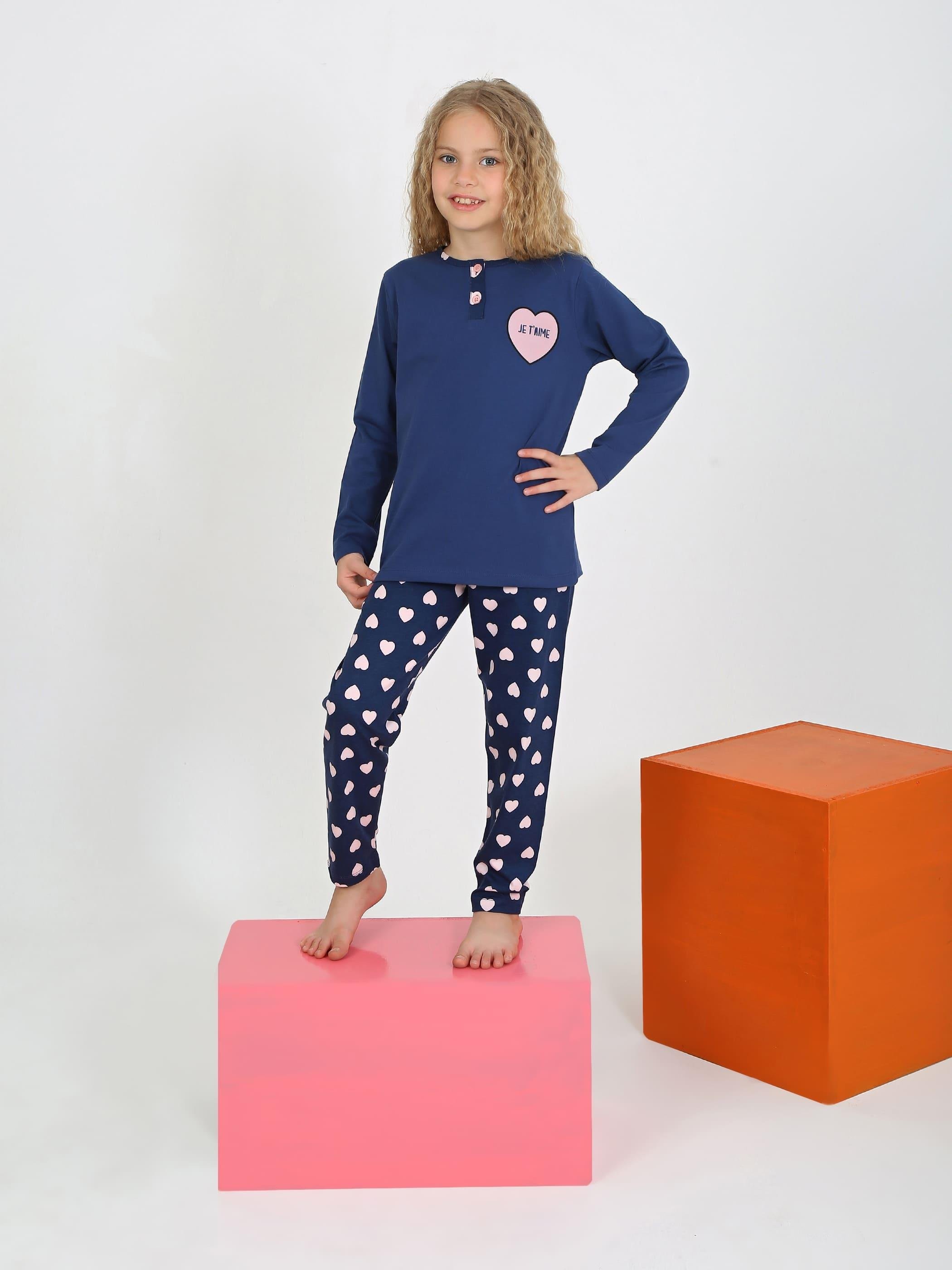 MinyKids Kalp Desen Lacivert Düğme Model Kız Çocuk Pijama Takım