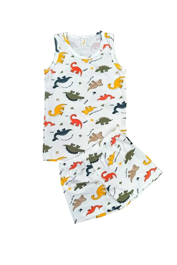 Dinozor Desen Beyaz Erkek Çocuk 2 li Atlet ve 2 li Boxer Takım