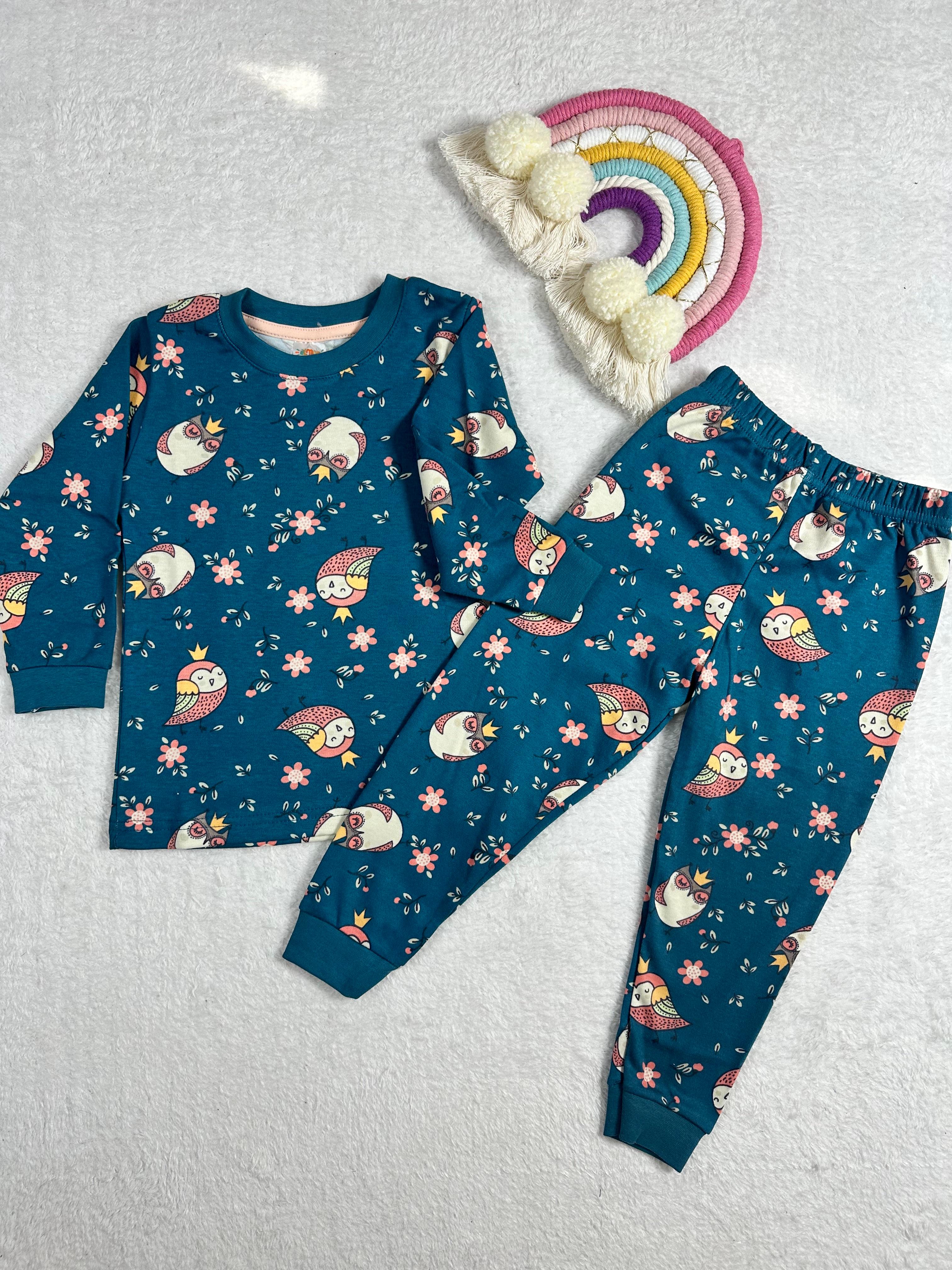 MinyKids Baykuş Desen Petrol Mavi Renk Kız Çocuk Pijama Takım