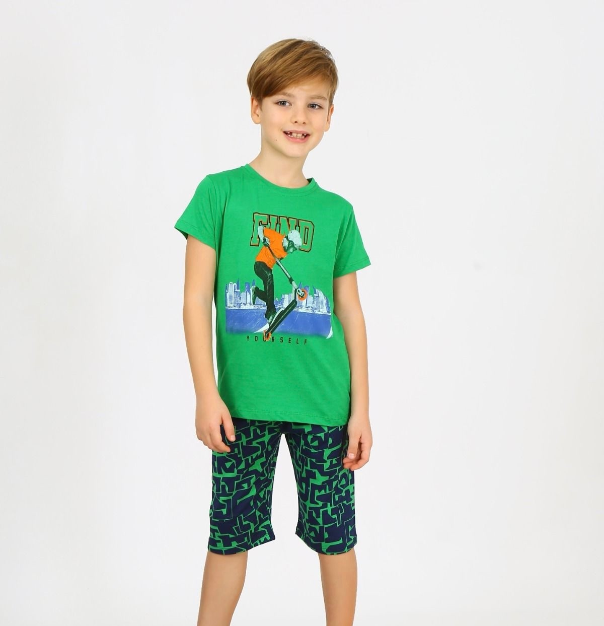 MinyKids Scooter Desen Yeşil Kapri %100 Pamuklu Erkek Çocuk Pijama Takım