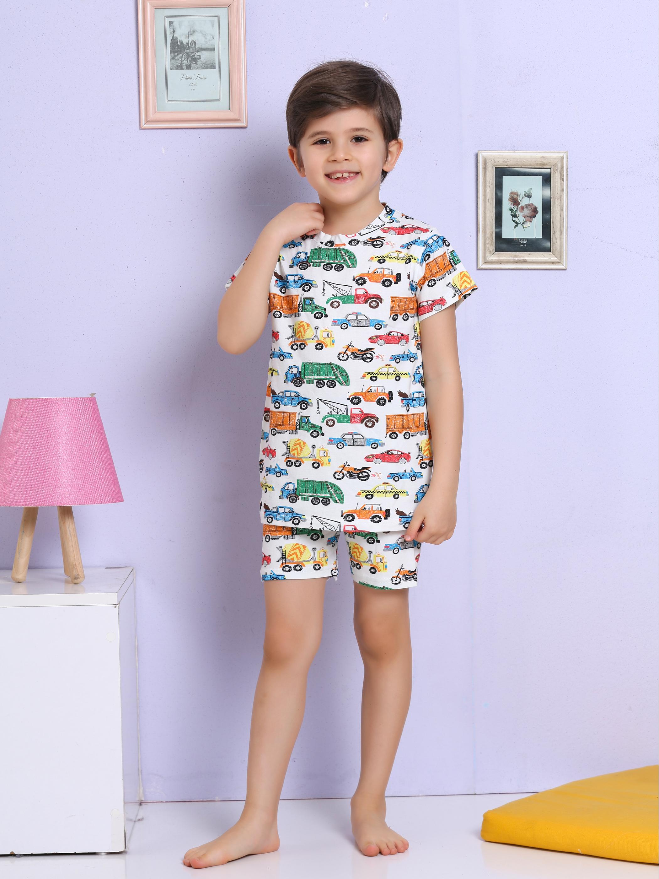 MinyKids Araba Desenli Renkli Şort Pijama Takımı