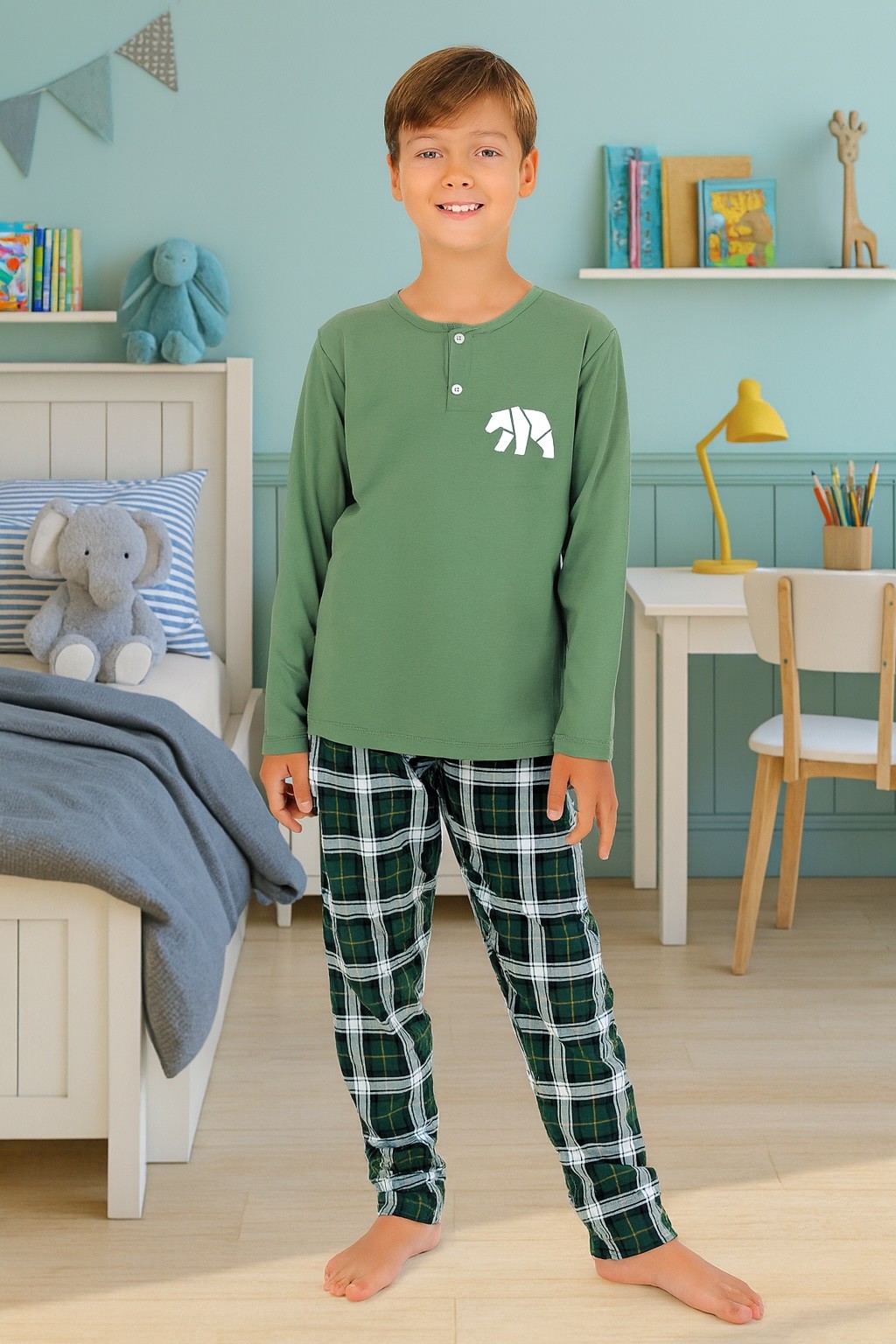 MinyKids Everest Koyu Yeşil Düğme Detaylı %100 Pamuk Erkek Çocuk Pijama Takım