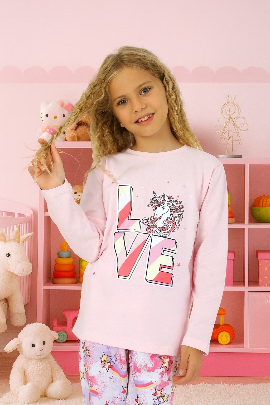 MinyKids Yıldız Desen %100 Pamuk Pembe Kız Çocuk Pijama Takım