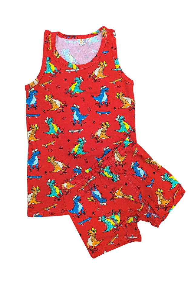 Kırmızı Dinozor Desen Erkek Çocuk Atlet Boxer Takım
