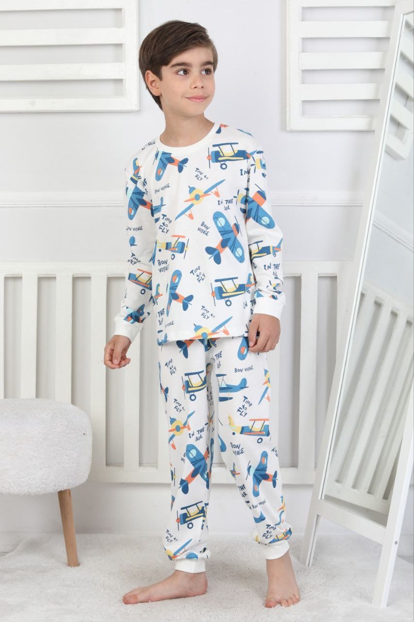 MinyKids Planör Desen %100 Pamuk Mavi Erkek Çocuk Pijama Takım