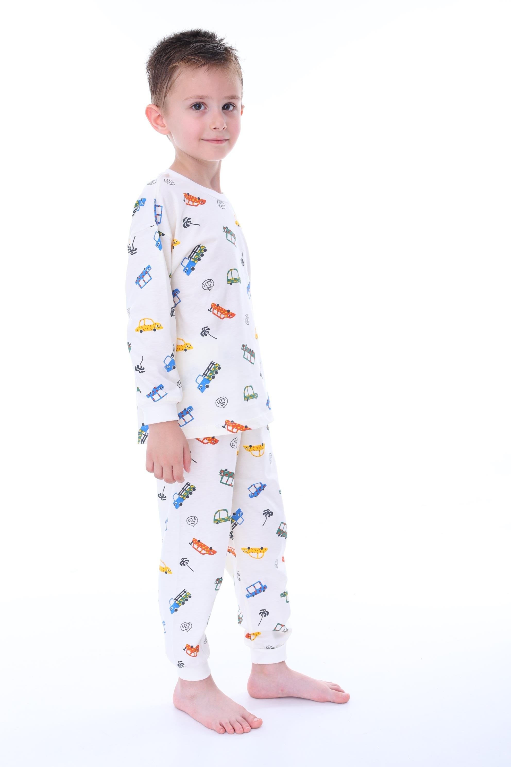 MinyKids Araba Desenli Krem Renk Çocuk Pijama Takımı