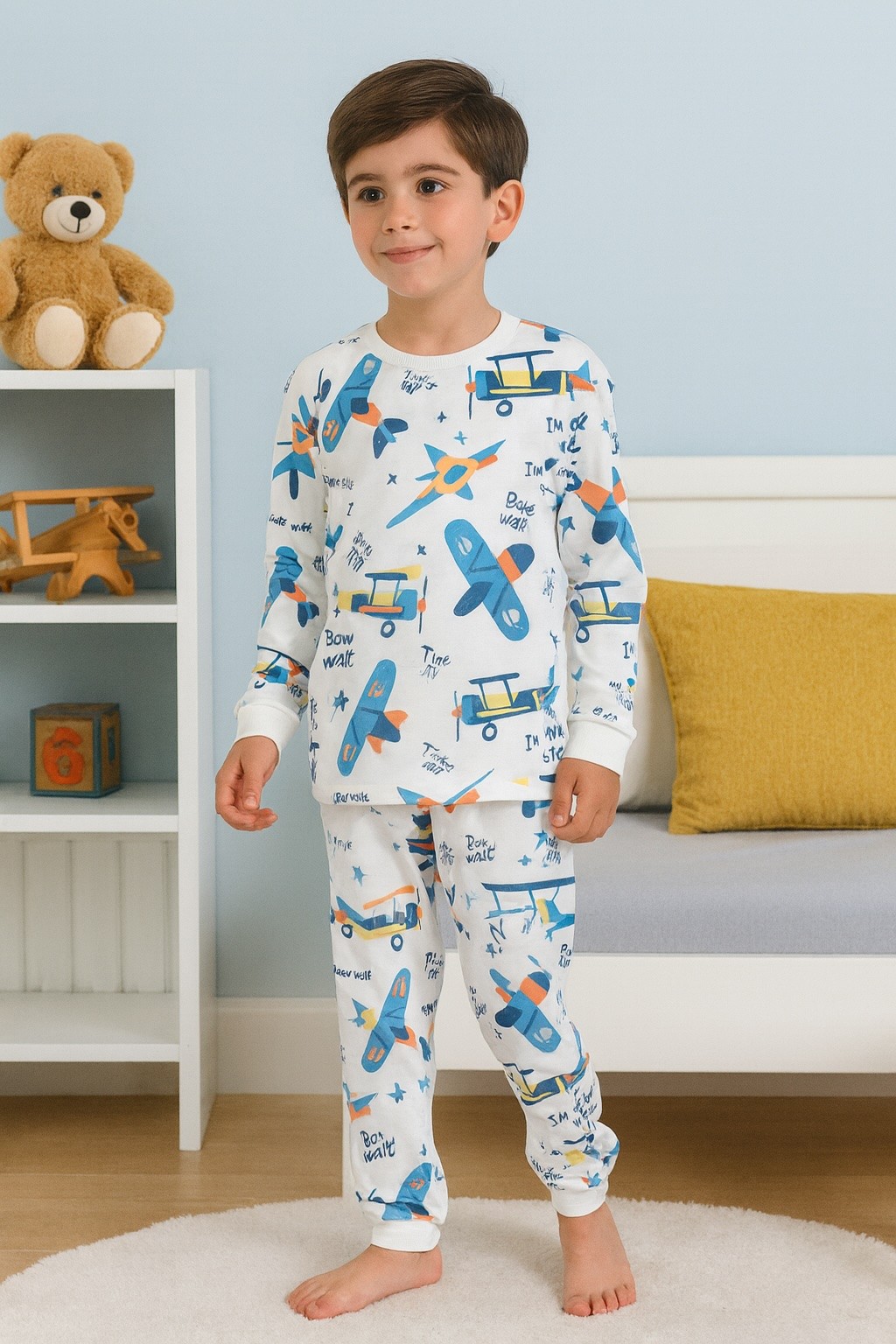 MinyKids Planör Desen %100 Pamuk Mavi Erkek Çocuk Pijama Takım