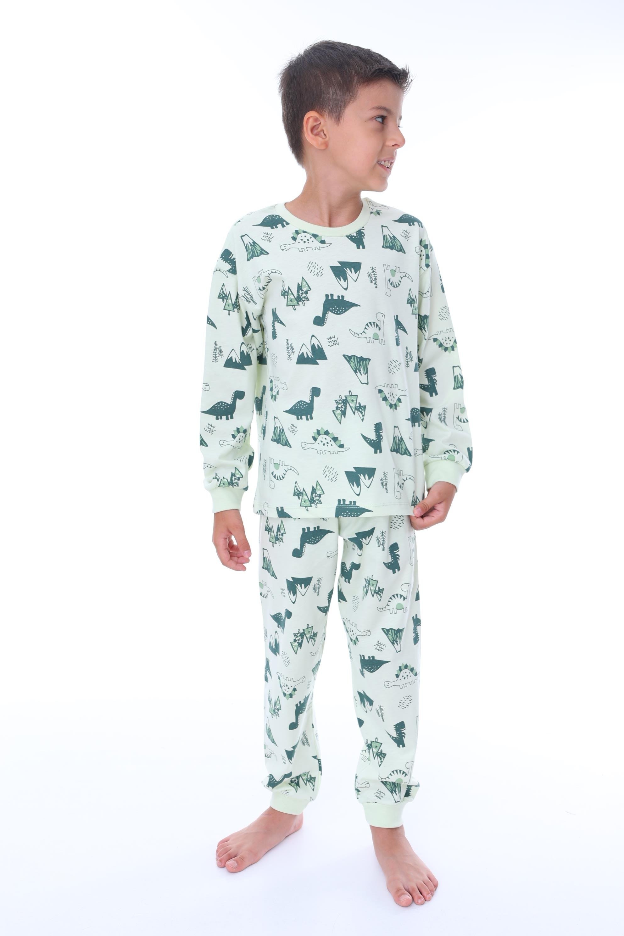 MinyKids Dinozor Desenli Yeşil Çocuk Pijama Takımı