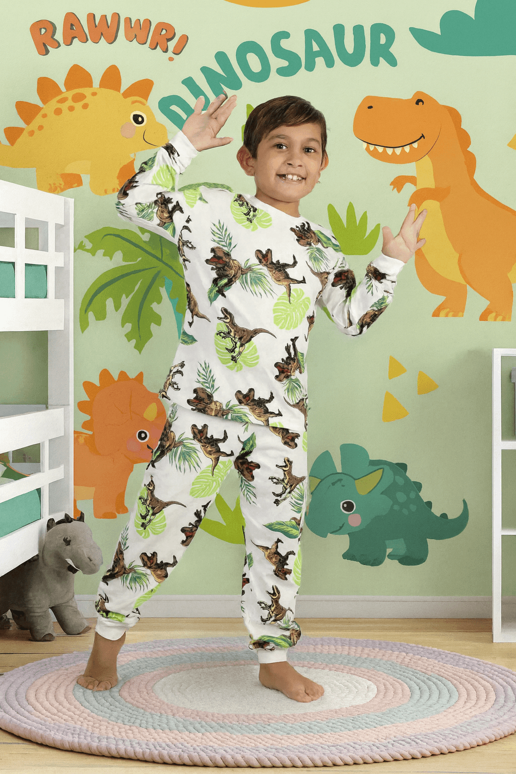 Dinozor Desen Beyaz %100 Pamuklu Erkek Çocuk Pijama Takım