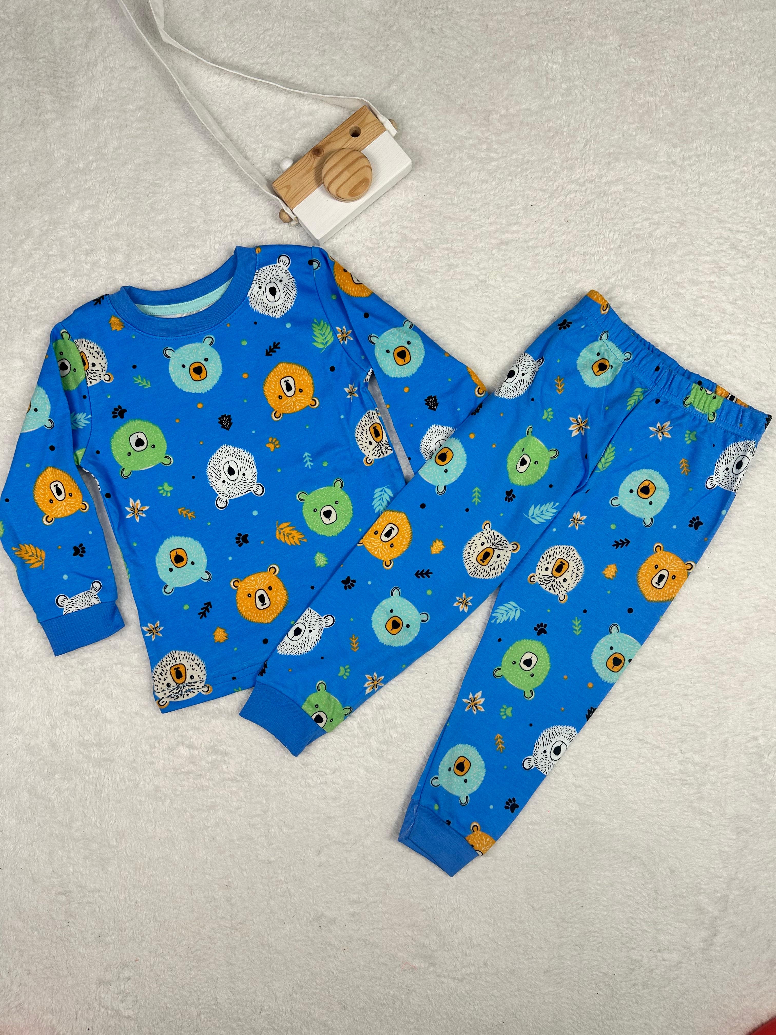 MinyKids Ayıcık Desen Mavi Erkek Çocuk Pijama Takım