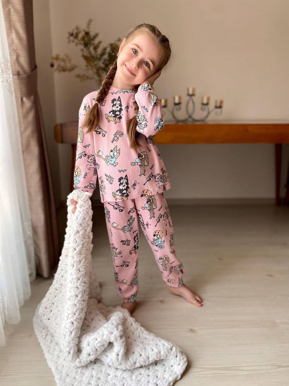 MinyKids Pembe Bluey Desen Fitilli Kız Çocuk Pijama Takım