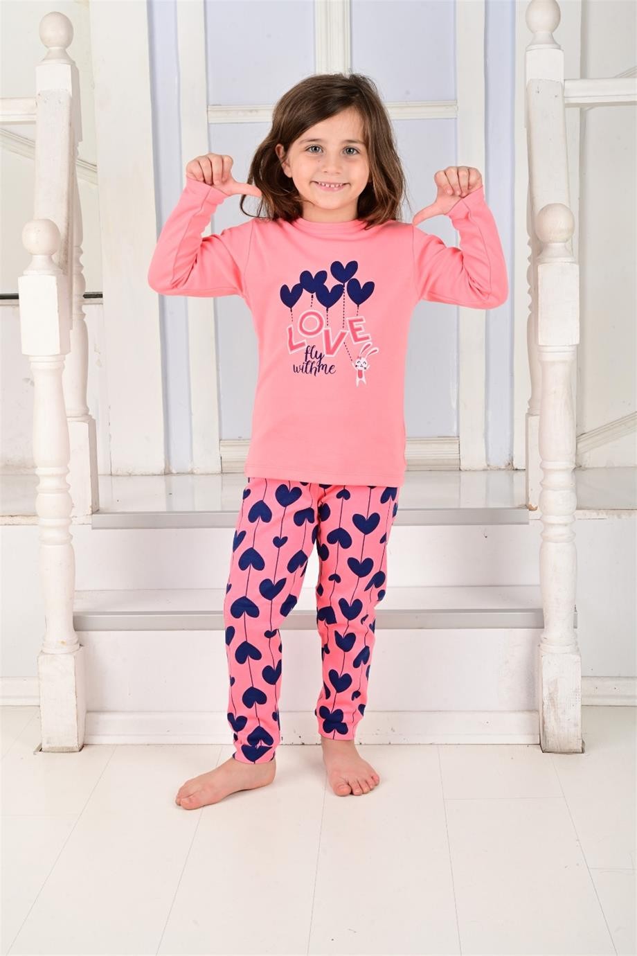 MinyKids Kalp Desen Somon Kız Çocuk Pijama Takım