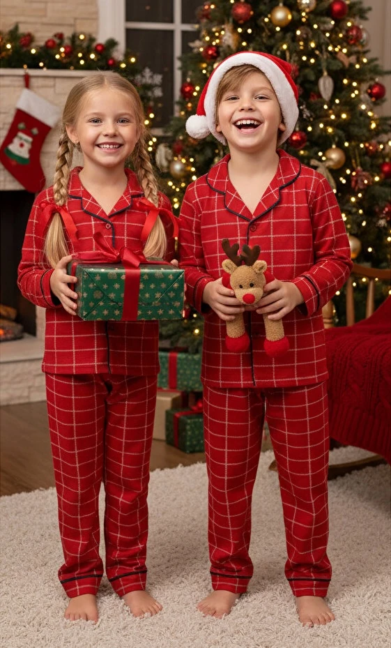 Kareli Kırmızı %100 Pamuklu Önden Düğmeli Erkek Çocuk Pijama Takım