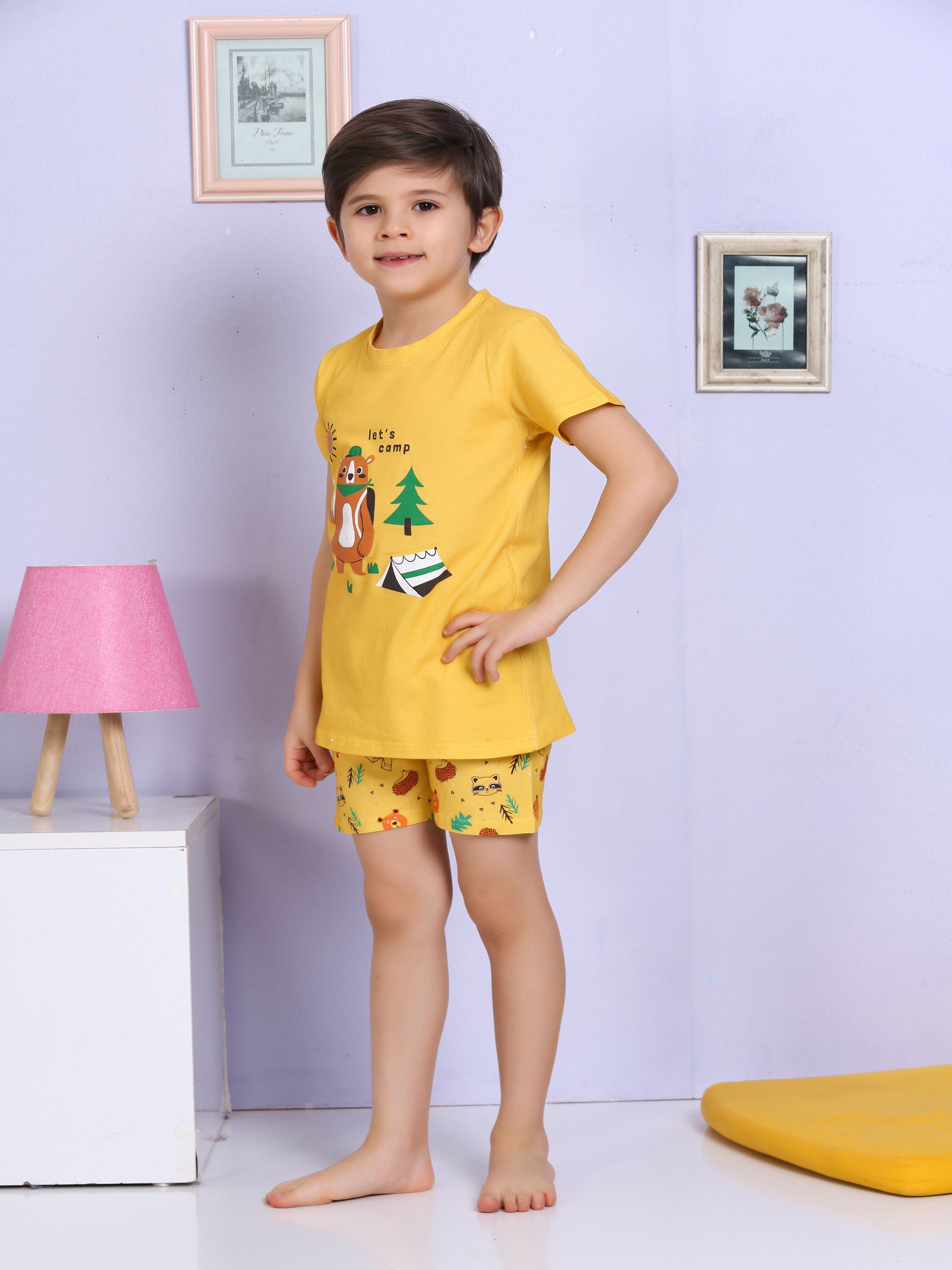 MinyKids Ayıcık Desenli Şortlu Sarı Pijama Takımı