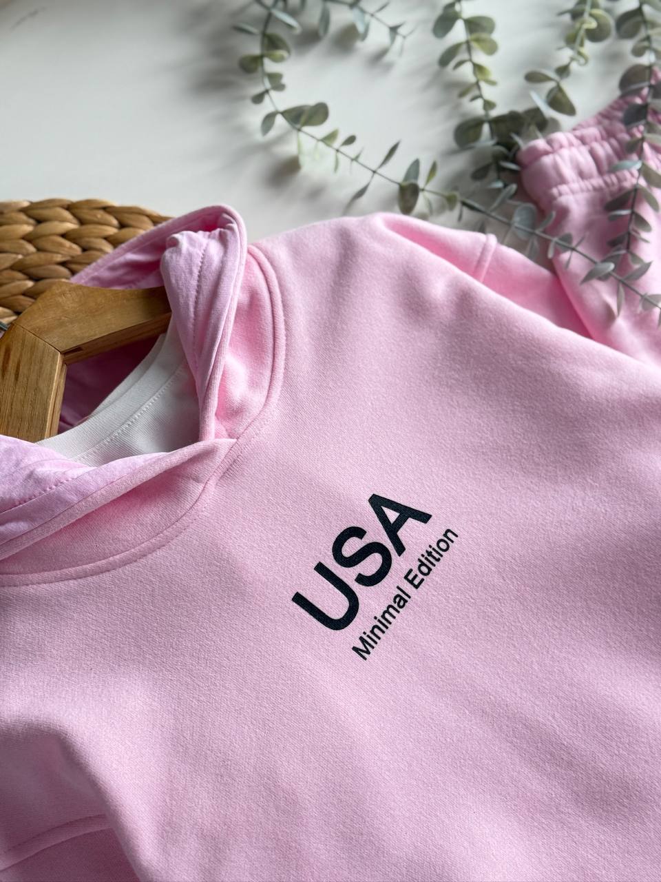 Kapüşonlu Pembe Sweatshirt ve Geniş Paça Eşofman Takım %100 Pamuk 5-14 Yaş