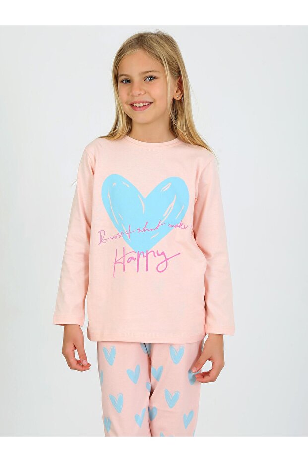 Kalp Desen %100 Pamuk Pudra Pembe Kız Çocuk Pijama Takım