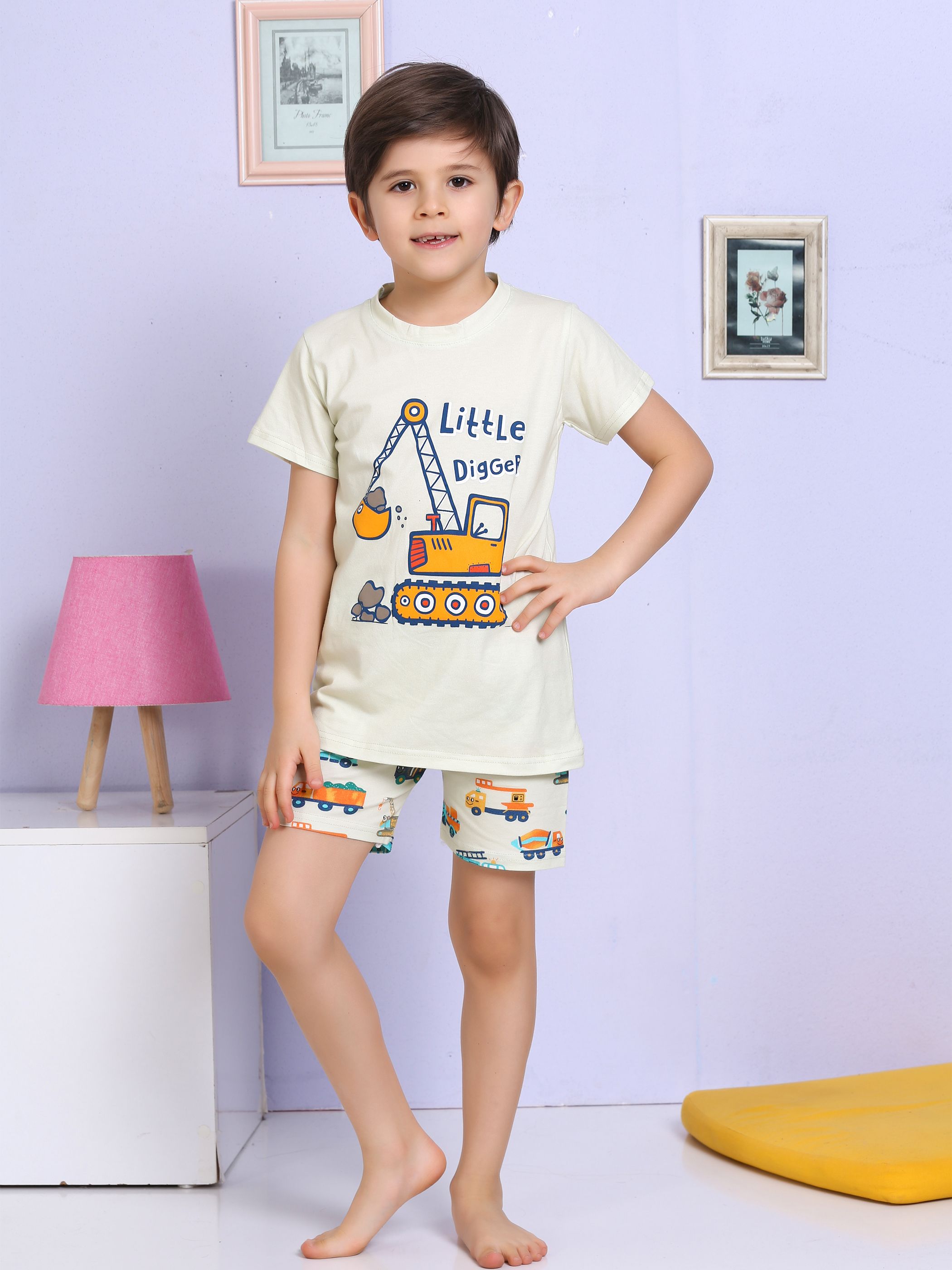 MinyKids Araba Desenli Şortlu Ekru Pijama Takımı