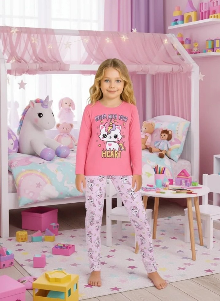 Unicorn Kedi Desen %100 Pamuk Koyu Pembe Kız Çocuk Pijama Takım