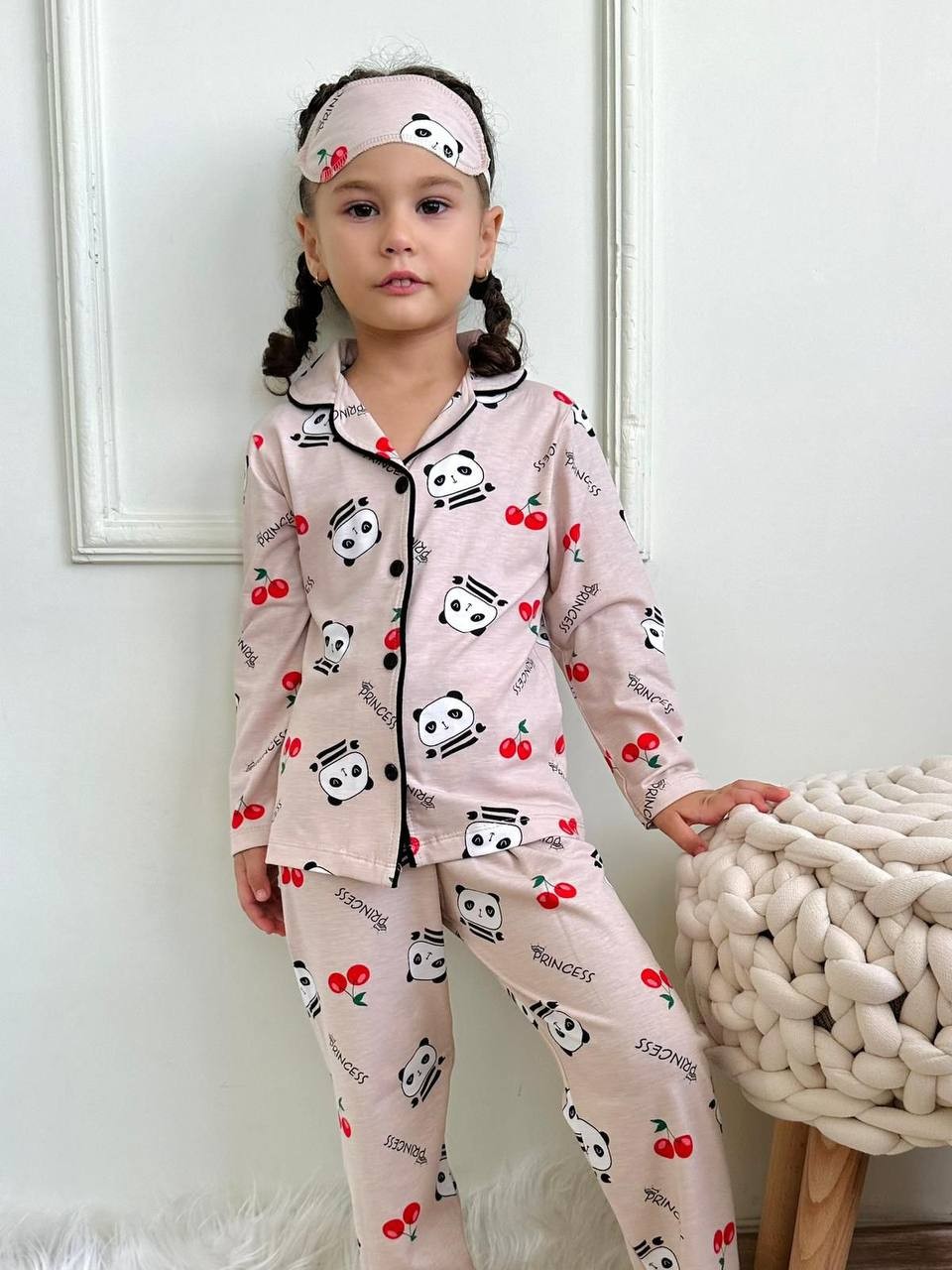 MinyKids Panda Desen Krem Renk Kız Çocuk Pijama Takım