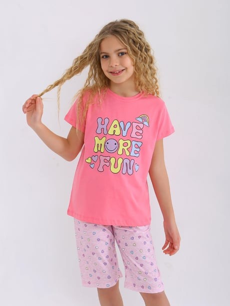 MinyKids Kalp Desen Pembe Kapri %100 Pamuklu Kız Çocuk Pijama Takım