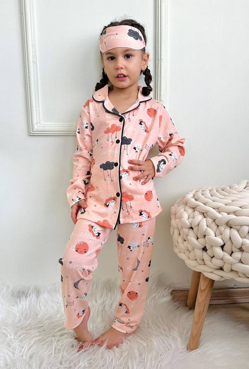 MinyKids Bulut Desen Somon Renk Kız Çocuk Pijama Takım