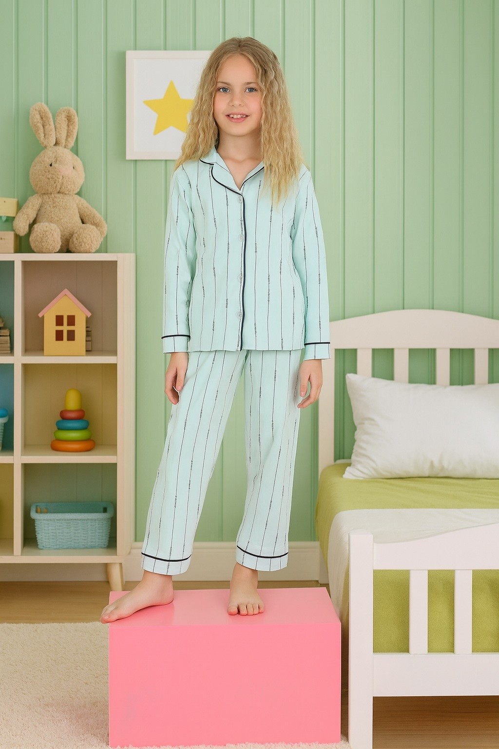 MinyKids Çizgili %100 Pamuk Önden Düğmeli Yeşil Kız Çocuk Pijama Takım
