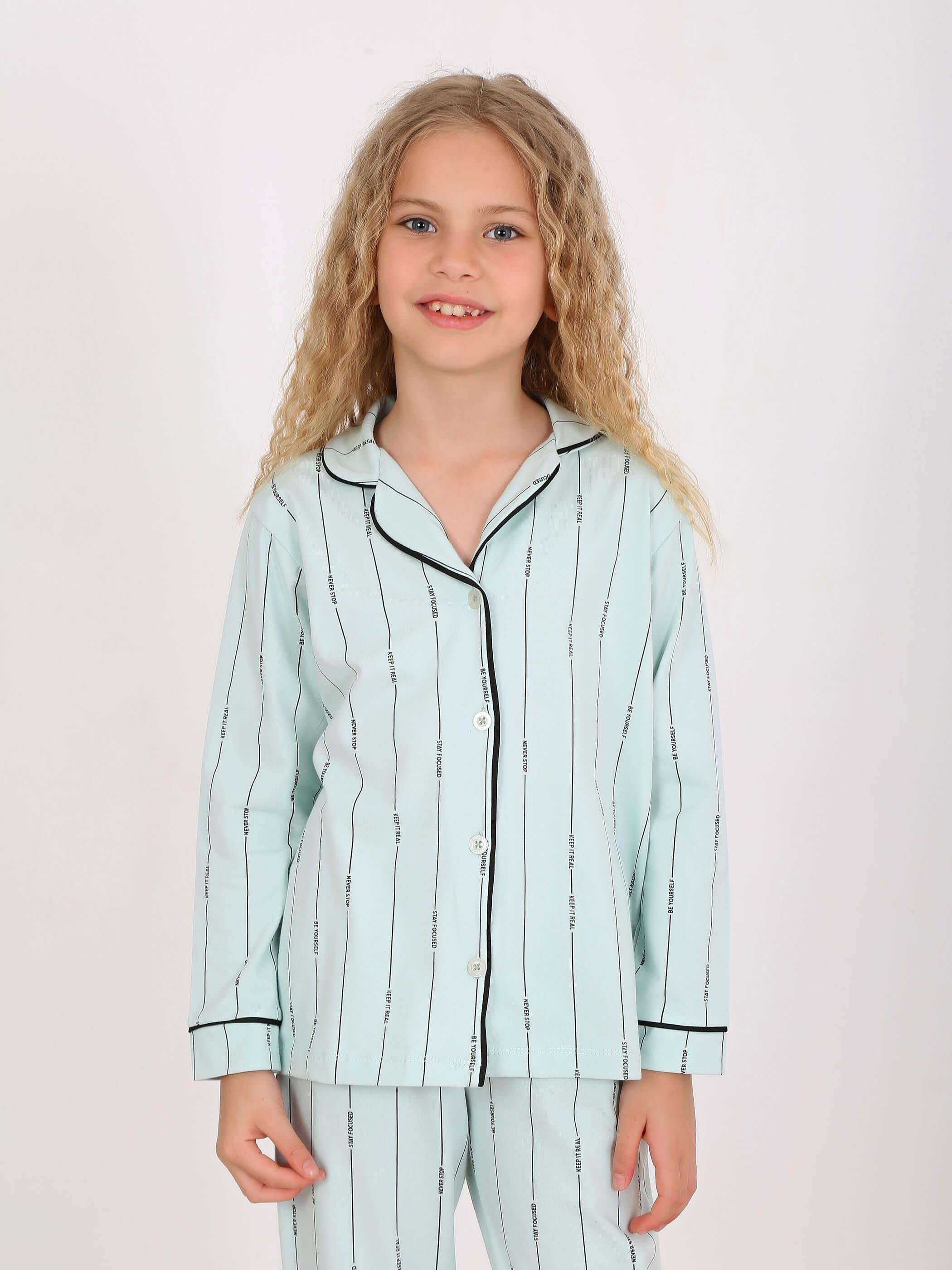 MinyKids Çizgili %100 Pamuk Önden Düğmeli Yeşil Kız Çocuk Pijama Takım