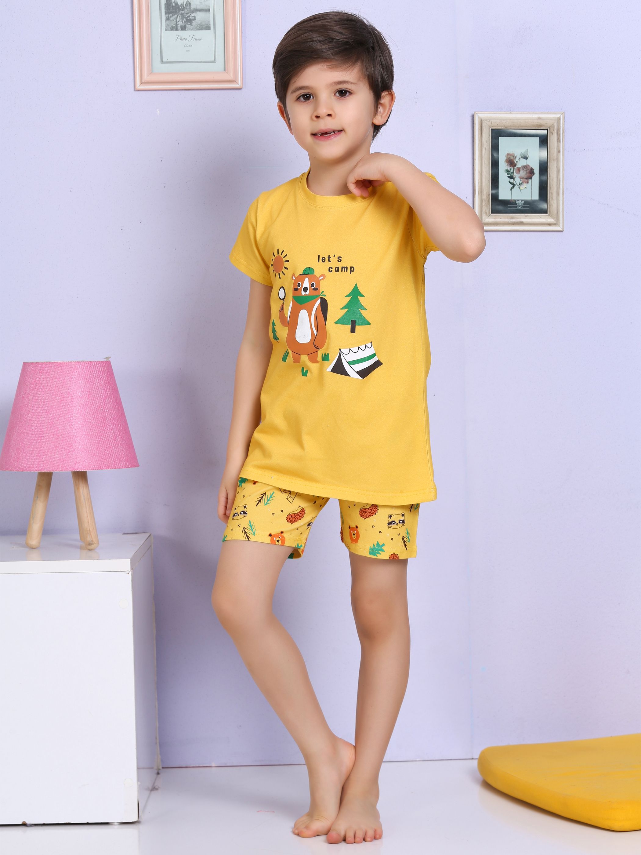 MinyKids Ayıcık Desenli Şortlu Sarı Pijama Takımı